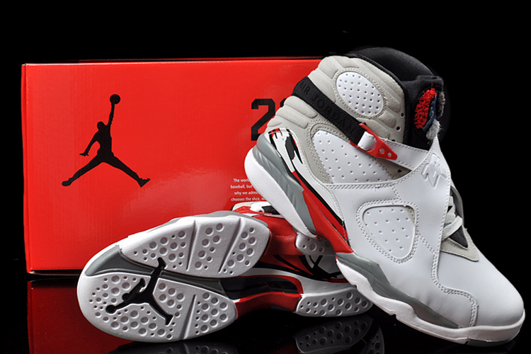 Real Nike Jordan 8 Hardpack White Grey Red Shoes - Click Image to Close