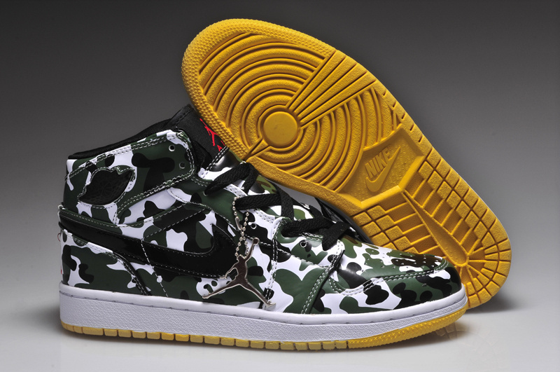 New Nike Air Jordan 1 Camouflage Edition Army Green White Yellow Shoes - Click Image to Close