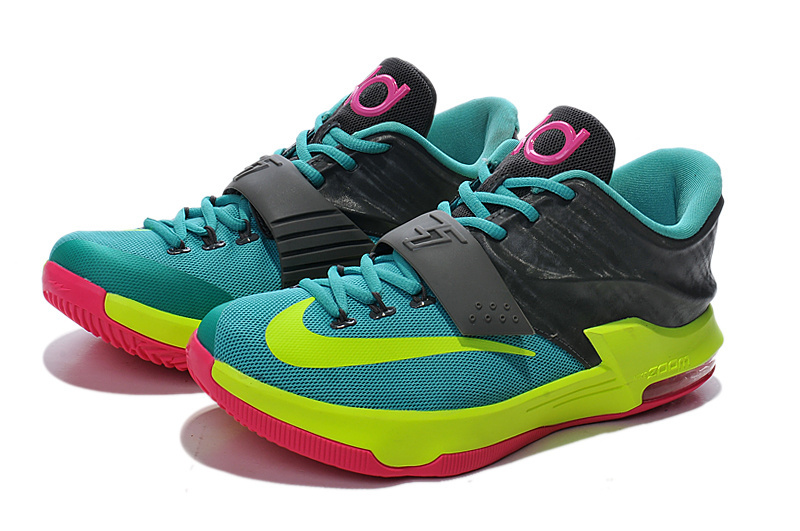 Women's Nike KD 7 Blue Grey Fluorscent Green Pink Shoes