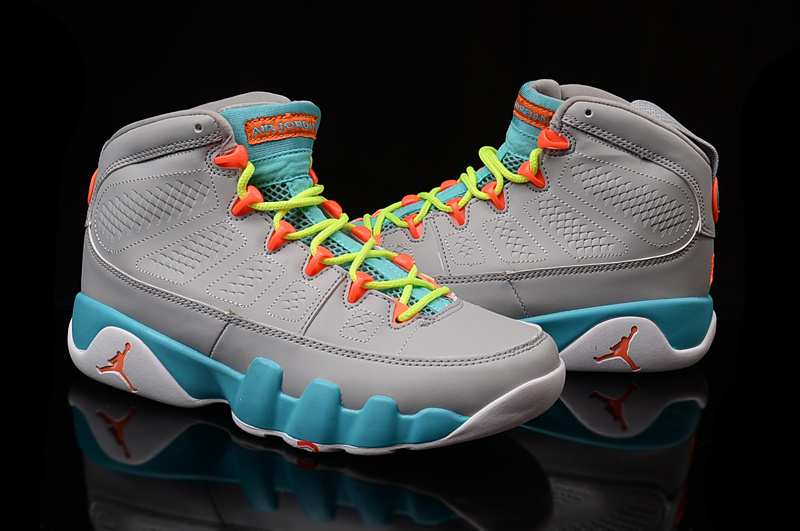 Women's Nike Air Jordan 9 Grey Blue Volt Shoes - Click Image to Close