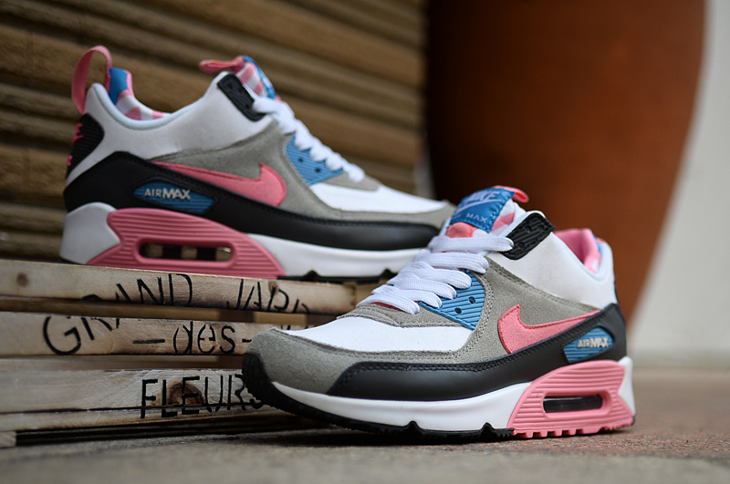 2016 Women's Nike Air Max 90 High Pink Grey Black White - Click Image to Close