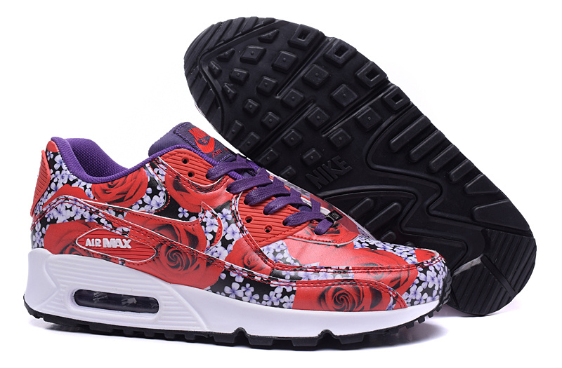 2016 Women's Nike Air Max 90 London Red Purple White Rose Print - Click Image to Close