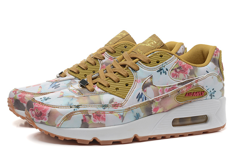 2016 Women's Nike Air Max 90 MLN Yellow White Rose Print - Click Image to Close