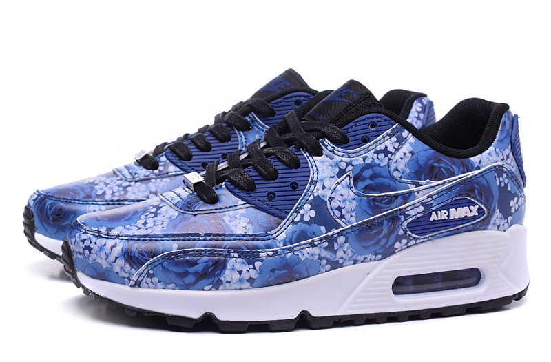 2016 Women's Nike Air Max 90 TKO Blue Black White Rose Print - Click Image to Close