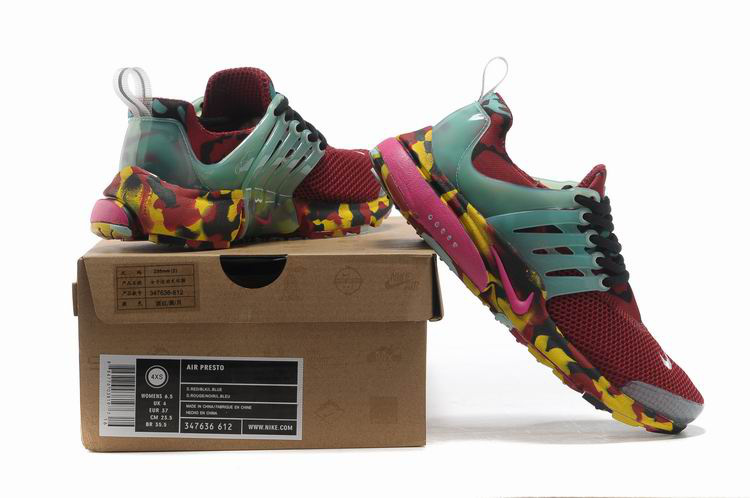 Women Nike Air Presto 1 Camo Wine Red Light Green Yellow Shoes - Click Image to Close