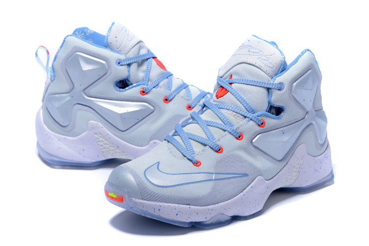 Women Nike Lebron 13 Christmas White Silver Baby Blue Basketball Shoes - Click Image to Close