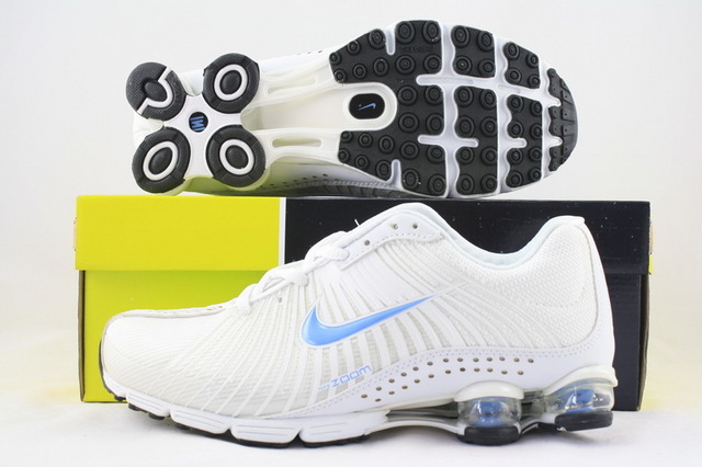 Women Nike Shox R1 All White Baby Blue Logo Shoes - Click Image to Close