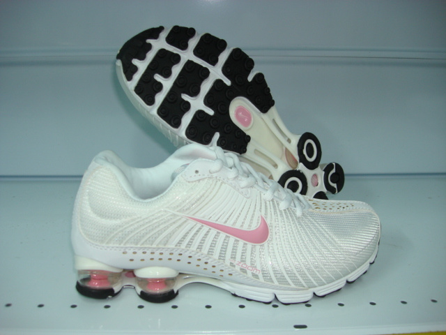 Women Nike Shox R1 All White Pink Logo Shoes - Click Image to Close