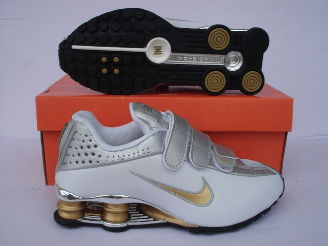 Women Nike Shox R4 Magic Button White Silver Gold Shoes - Click Image to Close