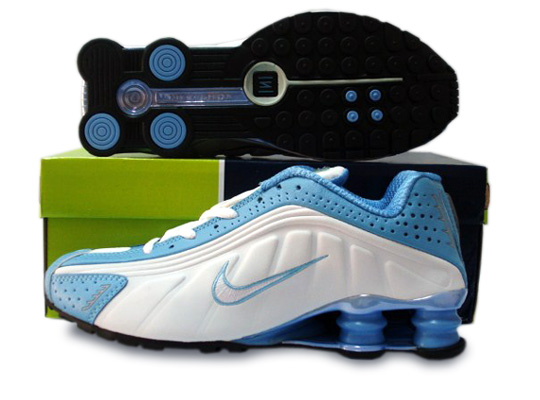 Womens Nike Shox R4 Shoes White Blue - Click Image to Close