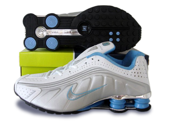 Womens Nike Shox R4 Shoes Silver White Blue