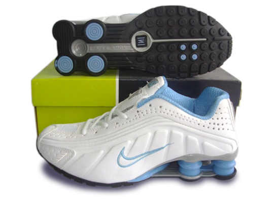 Womens Nike Shox R4 Shoes White Blue - Click Image to Close