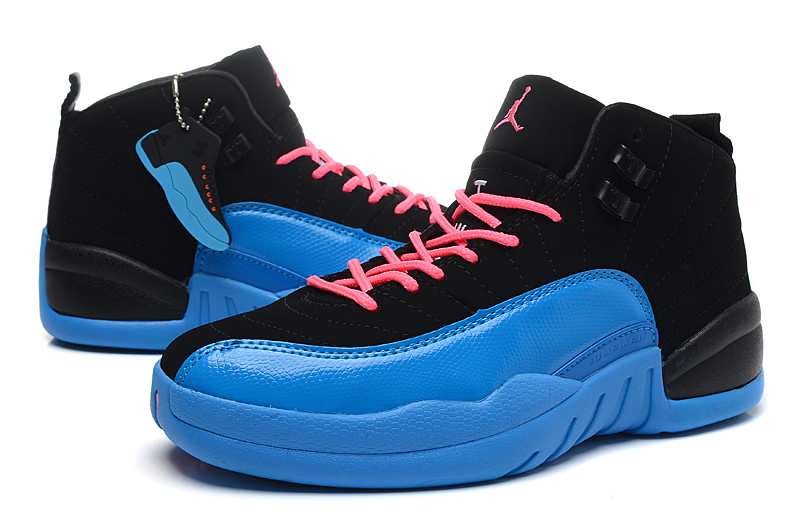 Nike Air Jordan 12 Black Gamma Blue Pink Shoes For Women - Click Image to Close