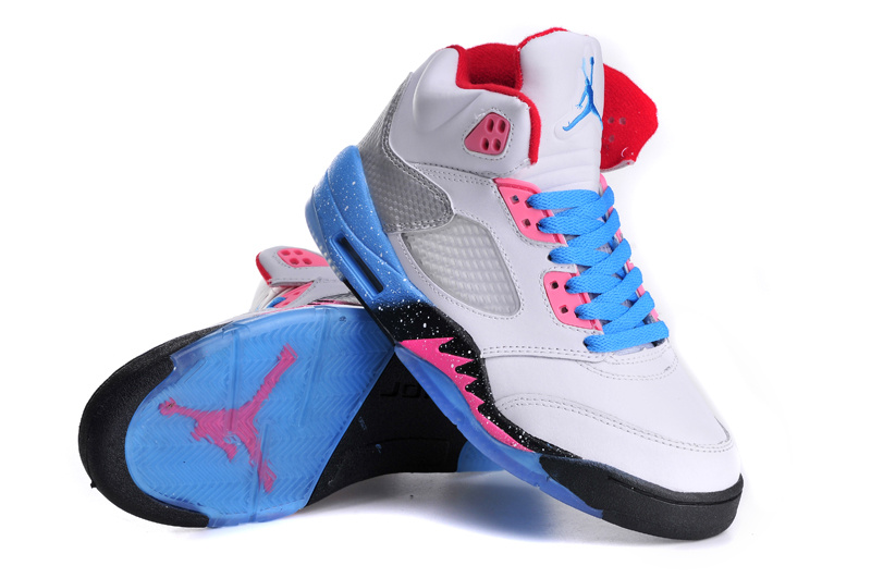 Nike Jordan 5 Miami Shoes For Women White Blue Pink - Click Image to Close