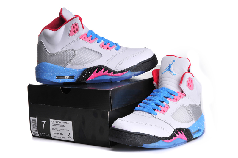 Nike Jordan 5 Miami Shoes For Women White Blue Pink - Click Image to Close