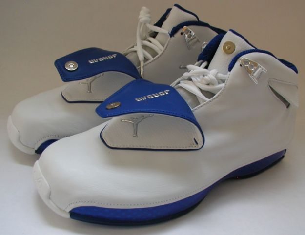 nike air jordan 18 og white metallic silver royal blue shoes