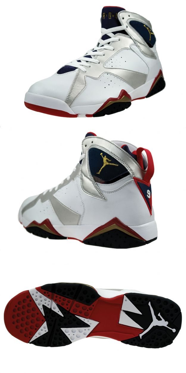 nike air jordan 7 retro olympics edition white metallic gold navy blue true red shoes - Click Image to Close